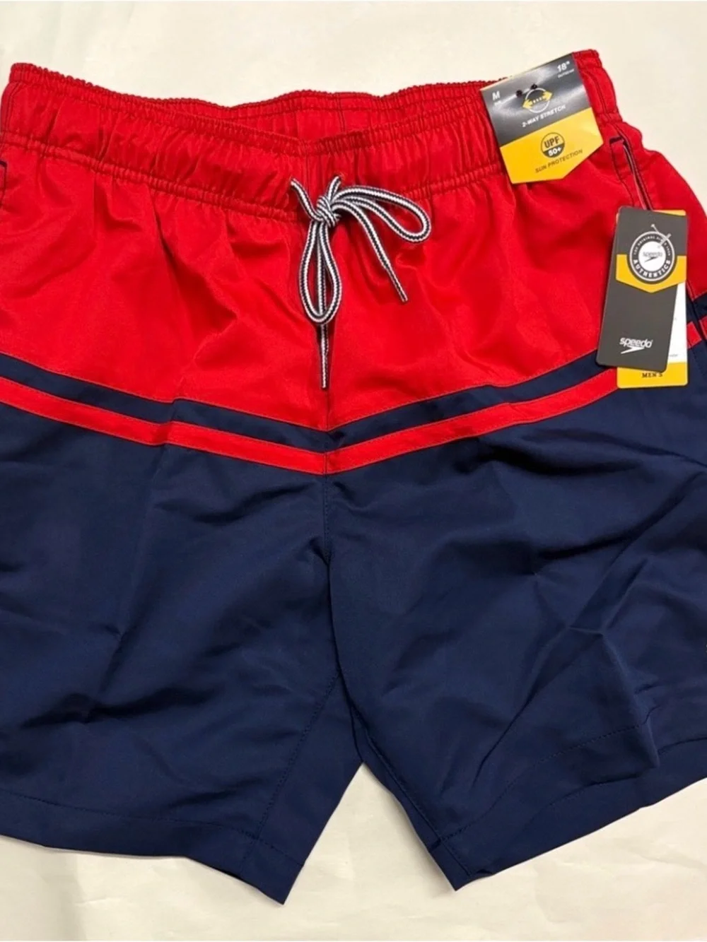 Speedo Men’s Red and Navy Colorblock Swim Trunks